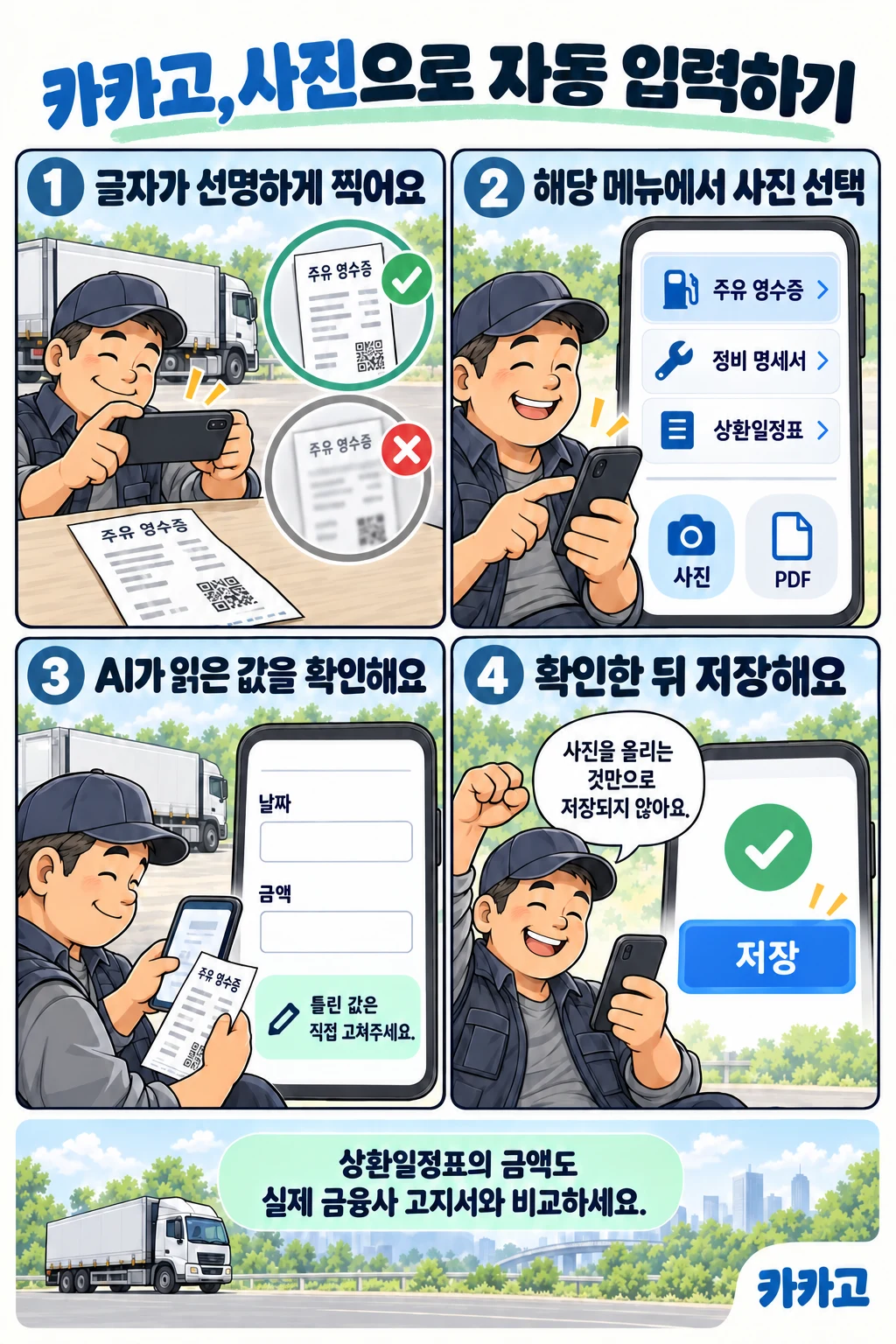 영수증과 정비 명세서 사진을 분석하고 읽힌 값을 확인하여 저장하는 만화 안내
