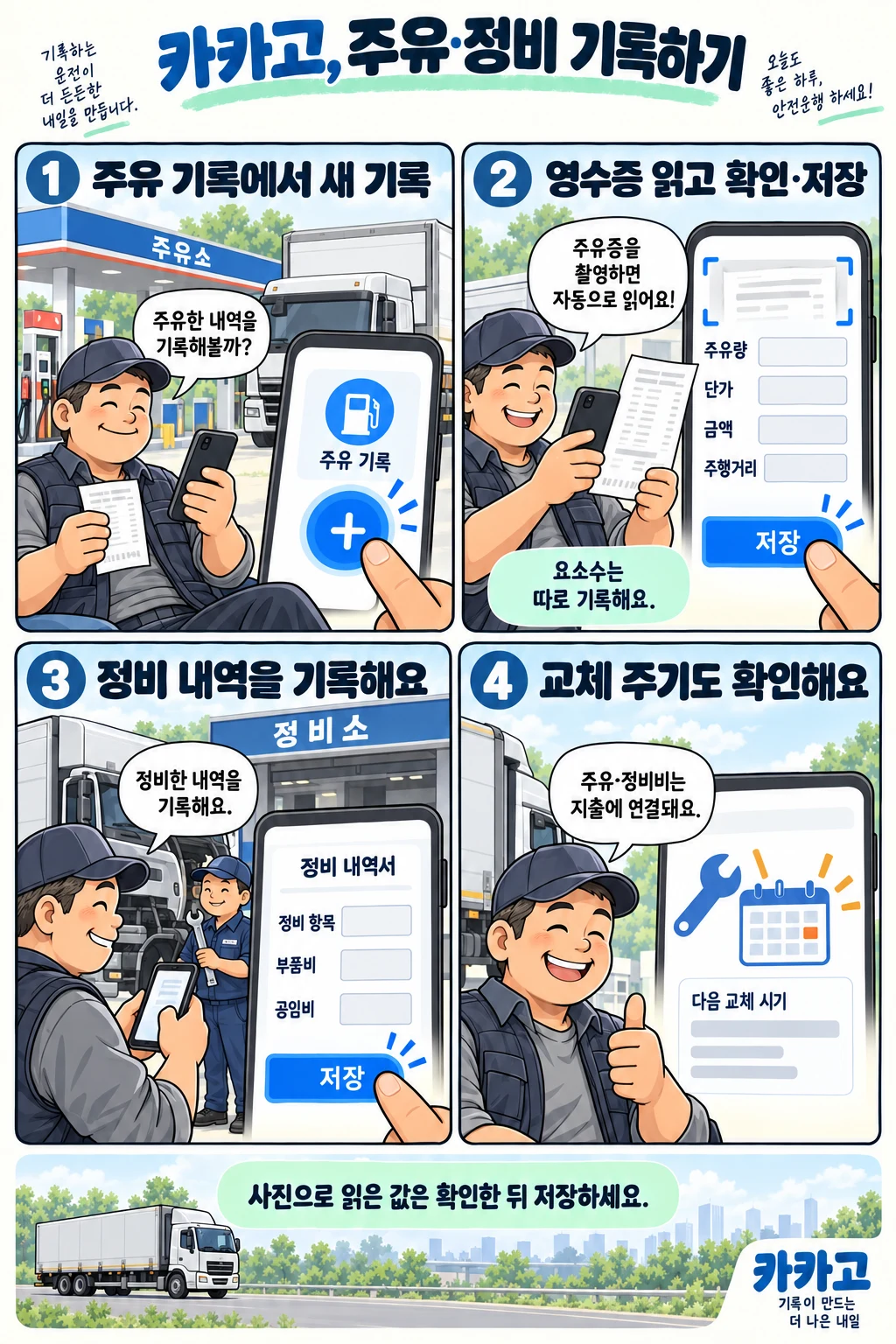 운행, 주유, 정비 기록과 대시보드 사용법을 보여 주는 만화 안내