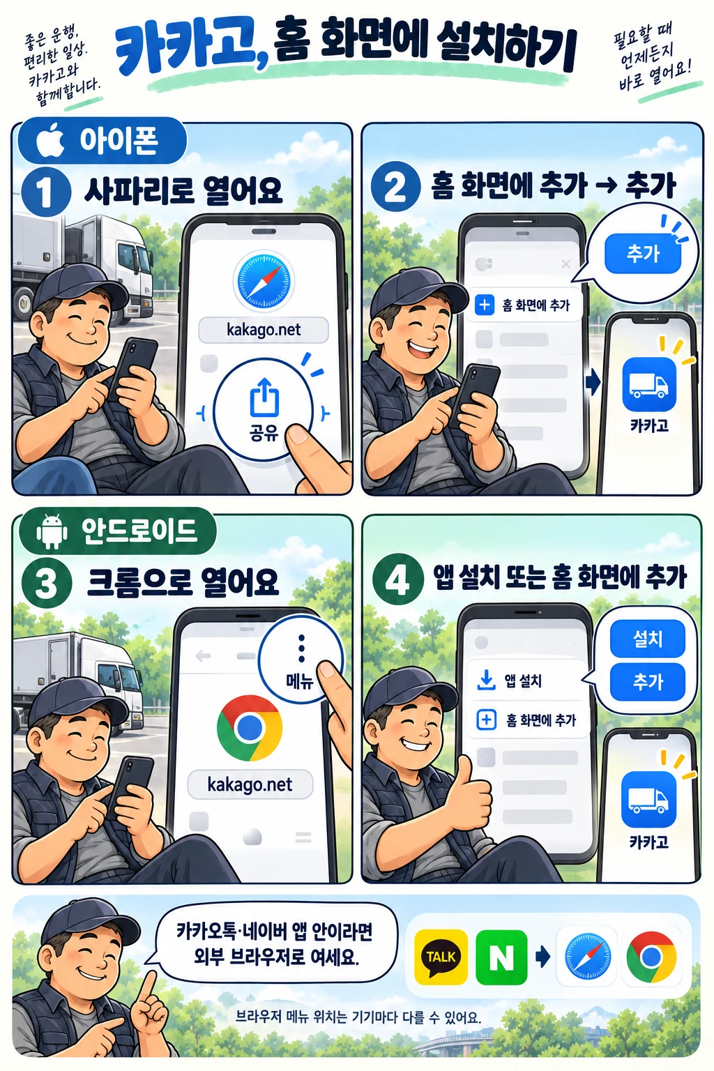 아이폰 사파리와 안드로이드 크롬에서 카카고를 홈 화면에 추가하는 만화 안내