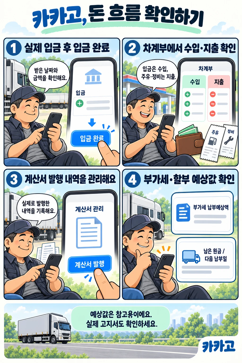 계산서 발행 상태, 입금 처리, 차계부와 할부 관리에 관한 만화 안내