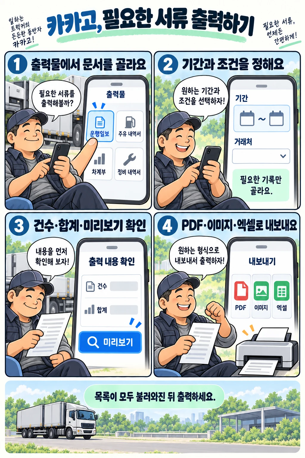 출력물에서 문서 종류와 기간을 선택하고 미리보기 후 저장하는 만화 안내